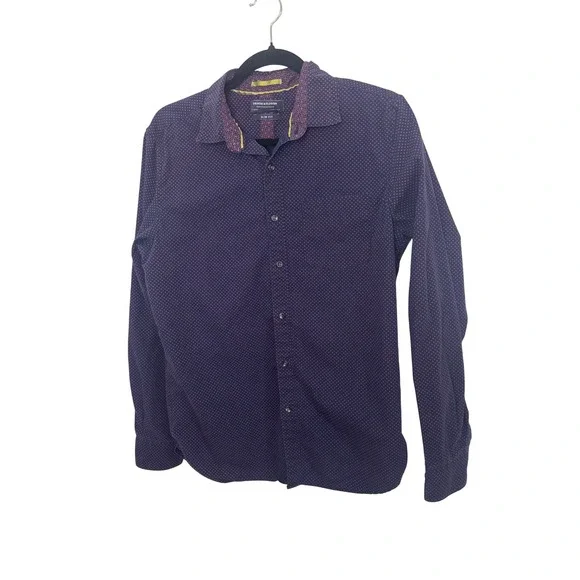 Denim & Flower Mens Slim Fit Navy Blue Pink Micro Dot Cotton Button Up Shirt M - Picture 1 of 9